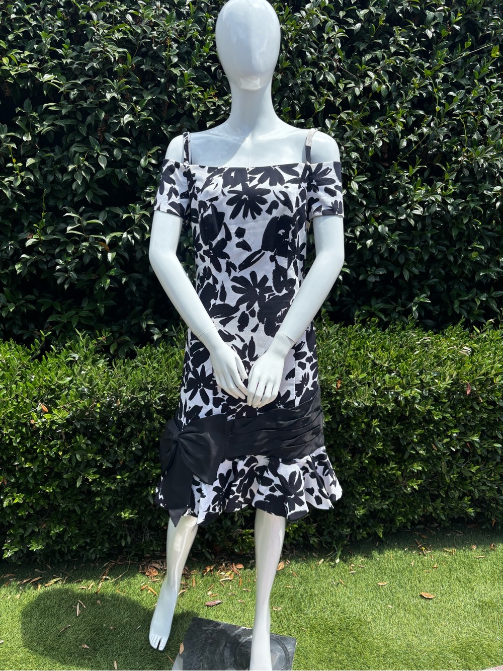Silk Black & White Floral Off-Shoulder Dress with Bow Detail Archival
